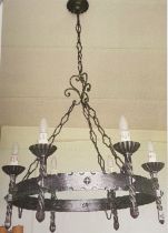 Two medieval style chandeliers (Italian castle style), 65cm drop, 60cm width, together with four