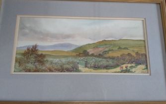 'Hillside Landscape' watercolour signed J Hill. Size 18cm x 38cm.