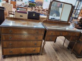 A mahogany chest of four drawers (83cm x 92cm x 50cm) and a dressing table with mirror (150cm x