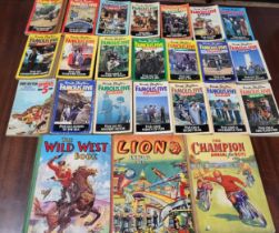 Children's books including Champion Annual 1951, Lion Annual 1955, Wild West book 1953 and numbers 1