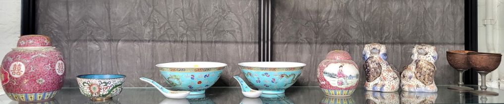 Two Chinese lidded ginger jars, pair of Chinese porcelain turquoise ground bowls with spoons, 19cm