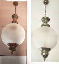 Two Italian ceiling lights of classic 1960's style, metal and glass. Both 55cm drop, 25cm width.