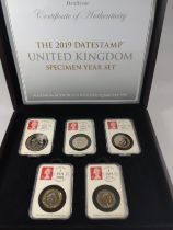 Boxed set 2019. UK specimen year set. Queen Victoria £5, D-Day £2, Samuel Pepys £2, Wedgwood