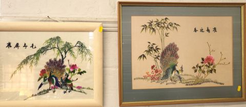 Two vintage Oriental silk embroidered pictures of birds. 38cm x 48cm and 47cm x 51cm. (2)