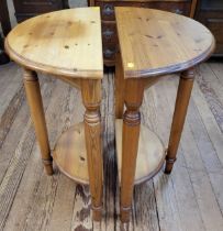 Two pine half moon hall tables. 69cm x 61cm x 31cm.