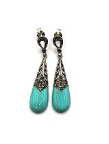 A pair of silver, marcasite and turquoise coloured drop earrings, stem and butterfly backs, 4.6 cm.