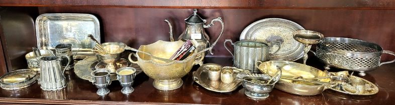 Two Art Nouveau trays and a collection of sundry silver plated items.