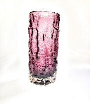 A Whitefriars amethyst glass bark pattern cylindrical vase, 23cm.