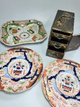 A pair of Spode Arita-style plates pattern 2590, 21.5cm diameter, a rectangular dish, 25cm wide, and