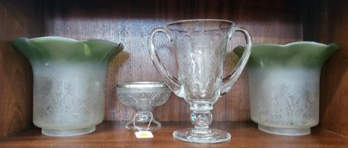 A Webb's Crystal 1953 Coronation Trophy glass 20cm, a pair of opaque and green tinted glass