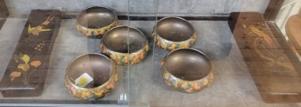 Two Japanese lacquered oblong lidded boxes, both 30cm and five Indian bowls. (7)