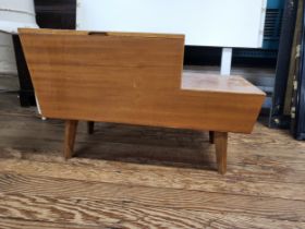 A mid-century wooden sewing box, hinged lid and fitted drawers. 56cm x 76cm