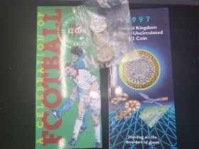 Standing on Shoulders of Giants £2 coin. 1997, Celebration of Football £2 coin. 1996 and four old £1