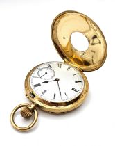 An 18ct yellow gold half hunter pocket watch, with blue enamel chapter ring, white enamel Roman