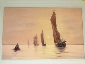 A watercolour of multiple yachts sailing at sunrise, mounted, framed and glazed. Approx 54cm x 69cm.