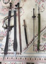 A collection of four swords: two longswords, a katana and a foil, and a dagger.