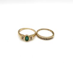 A 9ct yellow gold, green stone, and diamond ring, collet-set with a mixed oval-cut stone, size N 1/