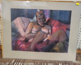 'Sue Resting' by artist Juliet Renny in pastel, signed. 50cm x 36cm.. Glazed but unframed.