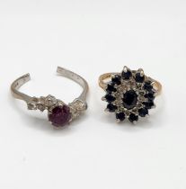A 9ct yellow gold and sapphire cluster ring, size L 1/2, together with an 18ct white gold, ruby, and