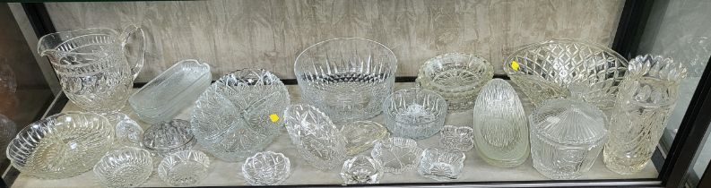 Moulded and cut glass tablewares and a pressed glass duck lid. (24)