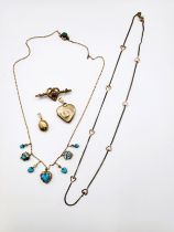 A group of yellow gold items, to include a 9ct yellow gold chain necklace with heart-shaped links, a