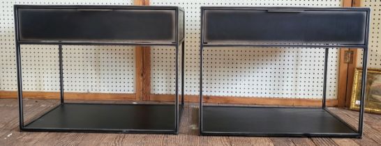 A pair of gun metal mirror-top open cabinets with drawer. 58cm x 71cm x 51cm