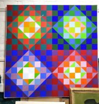 A large geometric colourful painting on canvas 150cm x 150cm.