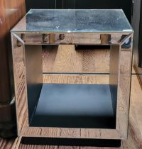 A small mirrored cube side table with black lustre base shelf. 50cm x 45cm x 45cm.