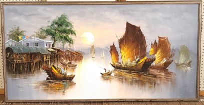 Oil on board of Oriental Junk in river, indistinguishably signed. 90cm x 160cm