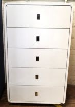 A white high-gloss five-drawer chest of drawers with curved corner and recessed push/ pull handles.