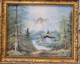 A mid to late 20th century European mountain scene, oil on canvas, signed Windberg lower right, gilt