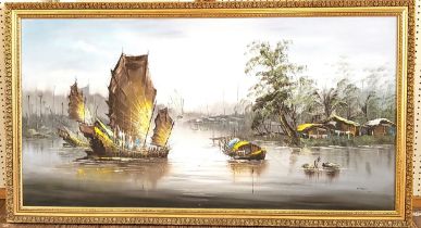 Oil on canvas of Oriental Junk in river, indistinguishably signed. 80cm x 158cm