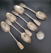 Six silver tea spoons, together with a silver pill box.