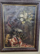 Oil on canvas , a still life of flowers with a drum and military regalia, 76cm x 57cm in