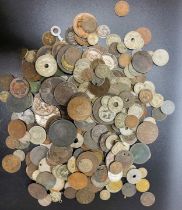 A group of various European copper coins, the majority French and Italian, contained in a tin.