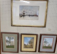 A watercolour (possibly signed EMH), glazed and gilt framed 48cm x 62cm and three watercolours by