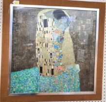 Klimt 'The Kiss' framed and glazed and mounted on a hessian board. 78cm x 78cm.