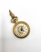 A gilt metal pocket watch, gilt dial with Roman numerals, the case with embossed decoration,
