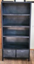 Black metal bookcase with four shelves over two short drawers. 154cm x 73cm x 36cm