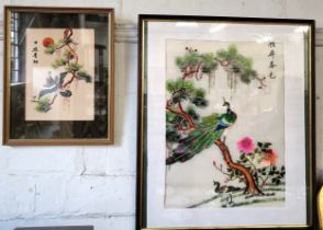 Two vintage Oriental silk embroidered pictures of birds. 43cm x 35cm and 68cm x 56cm.