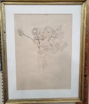 A drawing in ink of flowers in a glazed and in a gilt frame. By Richard Conway-Jones. 70cm x 61cm.