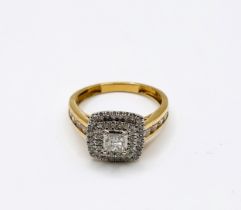 An 18ct yellow gold and diamond halo cluster ring, centred with a princess cut diamond within a