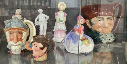 A Royal Doulton Old Charley character jug, 14cm, Don Quixote jug, Monica figure, Emma figure and a