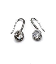 Cubic Zirconia Halo drop earrings hook fittings mark 925 Rhodium plated, boxed.