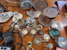 A miscellaneous Lot of plated wares, copper, brass and cameras. To include an ornate alabaster ink