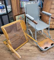 A vintage wood framed bedrest with rattan back, together with a wheelchair/ carry chair