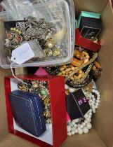 A box of costume jewellery items, to include wooden beads, gemstones, paste, marcasite examples,