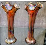 A pair of carnival glass iridescent Jack-in-the-Pulpit vases, 29cm. (2)