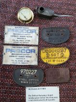 Seven original railway wagon plates and a Highways Act 1980 sign together with an oil feeder for