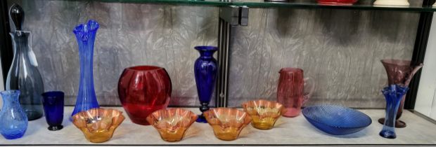 Coloured glass vases and bowls including blue Jack-in-the-Pulpit vase, 29cm, and a grey-blue
